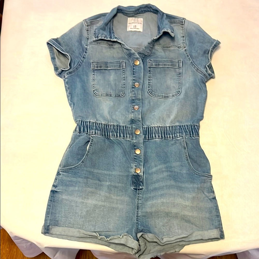 Celebrity Pink Blue Denim Romper with Short Sleeves and Collared Neckline